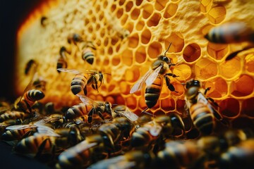"Bees Buzzing Around a Honeycomb Hive in a Sunlit Scene"







