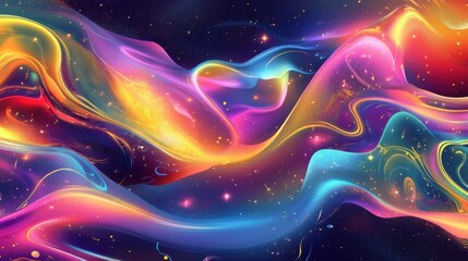 Fototapeta premium Abstract holographic background in neon and gold colors. Gradient, magic lights, stars illustration