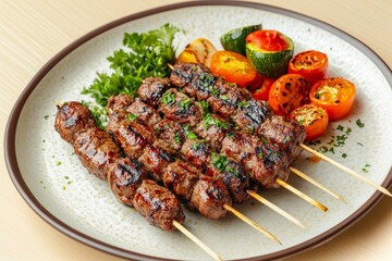 Adana kebab served on plate with herbs, grilled to perfection. Concept of Adana kebab highlights Turkish minced meat and grilled vegetables, showcasing culinary art.