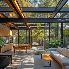 Obraz premium A combination of furniture, indoor gardens, glass walls, and glass roofs.