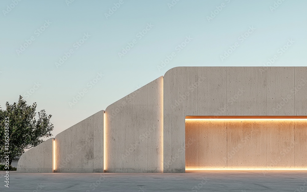 Poster Modern concrete structure with warm lighting at dusk.  Clean lines and minimalist design.  A small tree is visible to the left