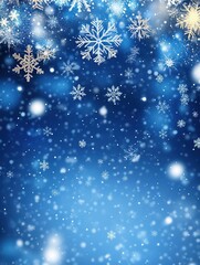 Fototapeta premium Abstract christmas background with falling snowflakes and sparkling stars on blue background with empty copy space for your text or product