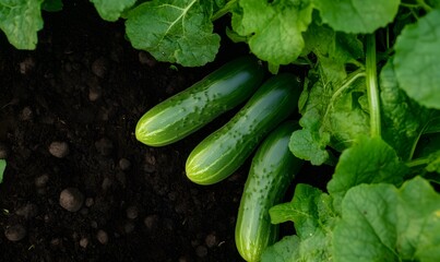 Obraz premium picture of green cucumber garden bed top view, Generative AI