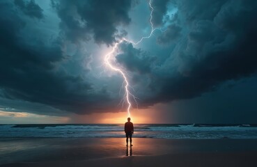 Person stands ocean beach during powerful storm. Lightning strikes near man against stormy sky background. Concept of courage, determination, danger, risk, hope. Sunset, sea, nature.
