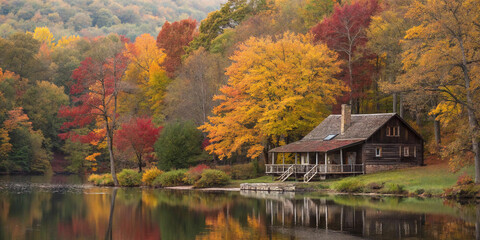 Rustic Cabin Nestled Among Autumnal Trees by a Still Lake