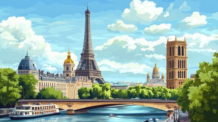 Obraz premium vector view of Europe travel destination landmark in background Eiffel tower, bigben tower famous church and landmark of famous place in Europe