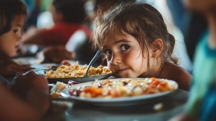 Young girl looking at food on plates at a communal meal.