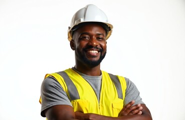 Happy construction worker smiling wearing hard hat safety vest on white background. Black male builder with arms crossed. Professional engineer portrait. Industry job.