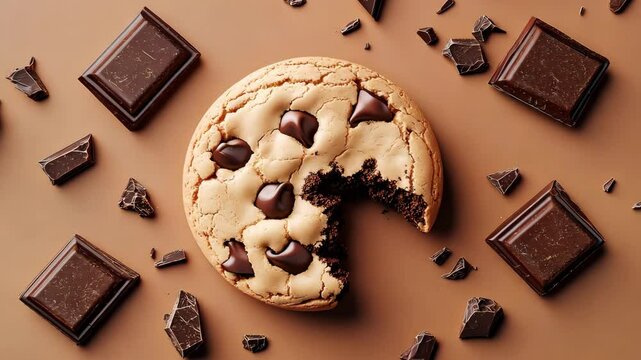 Top view of a chocolate chip cookie with bite out on light brown background	