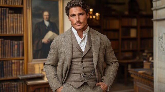 Handsome Man Posing Formally Dressed Inside a Library