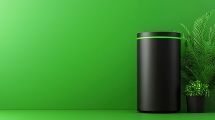 Fototapeta premium A sleek black trash can with a vibrant green accent sits beside decorative plants, creating a modern and eco-friendly indoor environment.