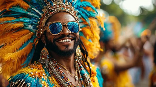 Smiling man in vibrant Carnival costume, urban parade background.  Possible use stock photo