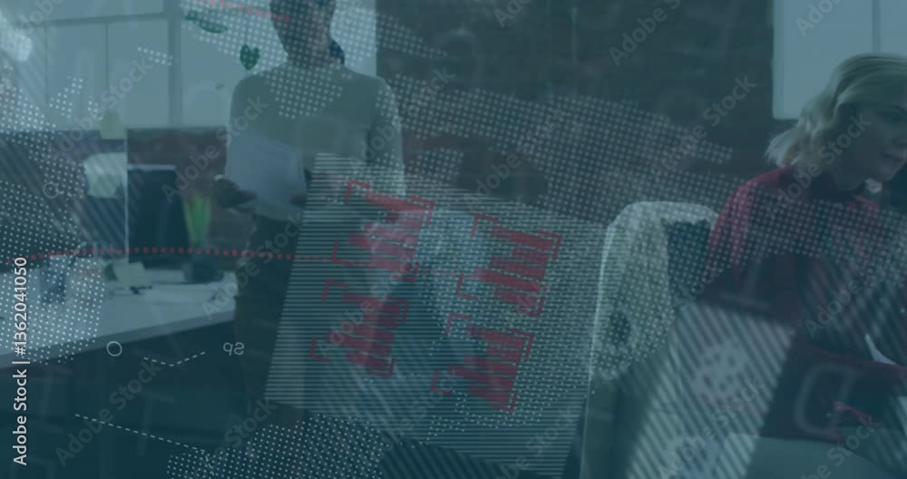 Poster In office, people working with digital data overlay creating animation on computers