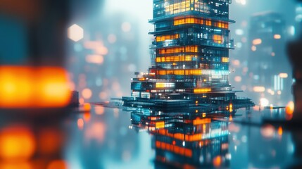 Futuristic Cityscape Reflection Illuminated Tower in a Cyberpunk Metropolis