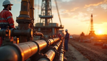 Oil workers examine equipment at a drilling site during sunset. Team performs maintenance. Men in safety gear. Oil and gas industry production process. Industrial landscape, energy sector.