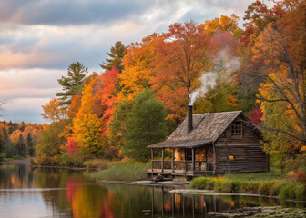 Obraz premium Rustic Cabin Nestled Among Autumnal Trees by a Still Lake