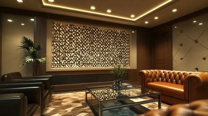 A high-end corporate relaxation space with warm leather seating, a minimalist glass coffee table, dimmable recessed ceiling lights, and an