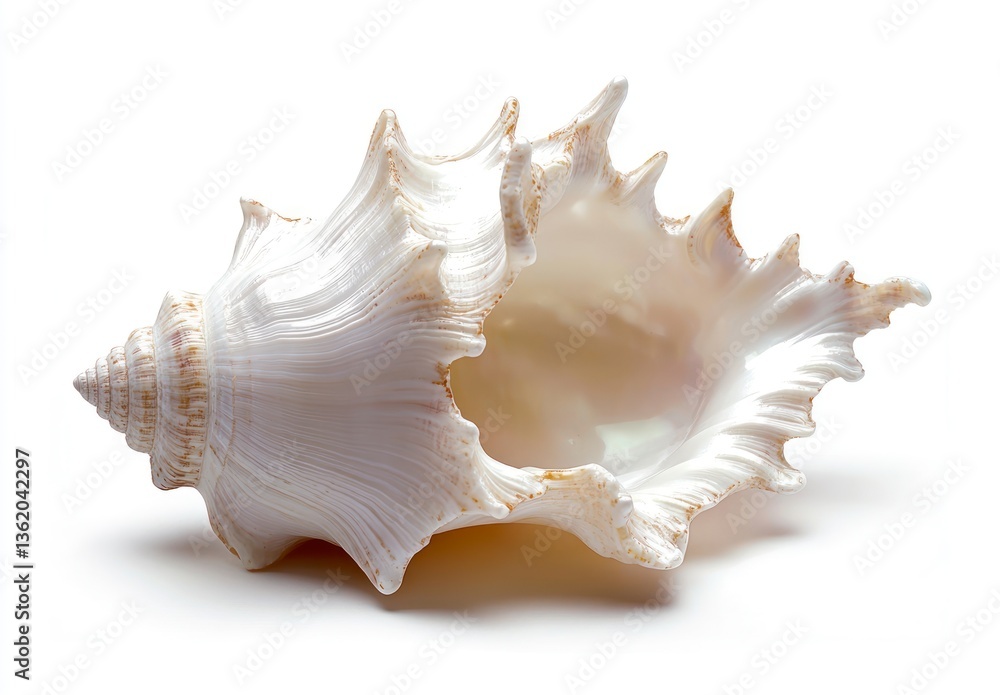 Poster isolated white seashell close-up with spikes on white background detail