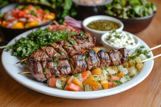 Close-up view of anticuchos with marinated grilled skewers, colorful vegetables. Concept of anticuchos displayed on white plate, rustic wooden table, high-quality image.