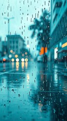 A 3D smartphone wallpaper in a modern design, depicting a wet rainy scene with a luxurious and vibrant deep teal color palette, showcasing drizzling rain and reflective surfaces, depth of field effect
