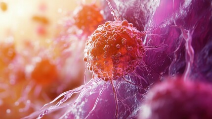 Microscopic view of abnormal lymph node tissue with distinctive follicular pattern, characteristic of follicular lymphoma, a type of non-Hodgkin lymphoma cancer.