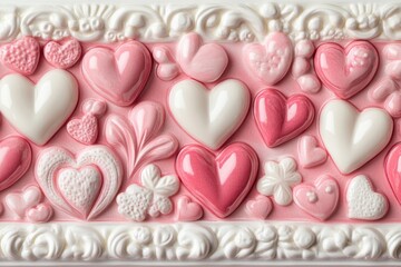 Fototapeta premium A collection of pink and white hearts with decorative floral elements arranged in a detailed pattern design