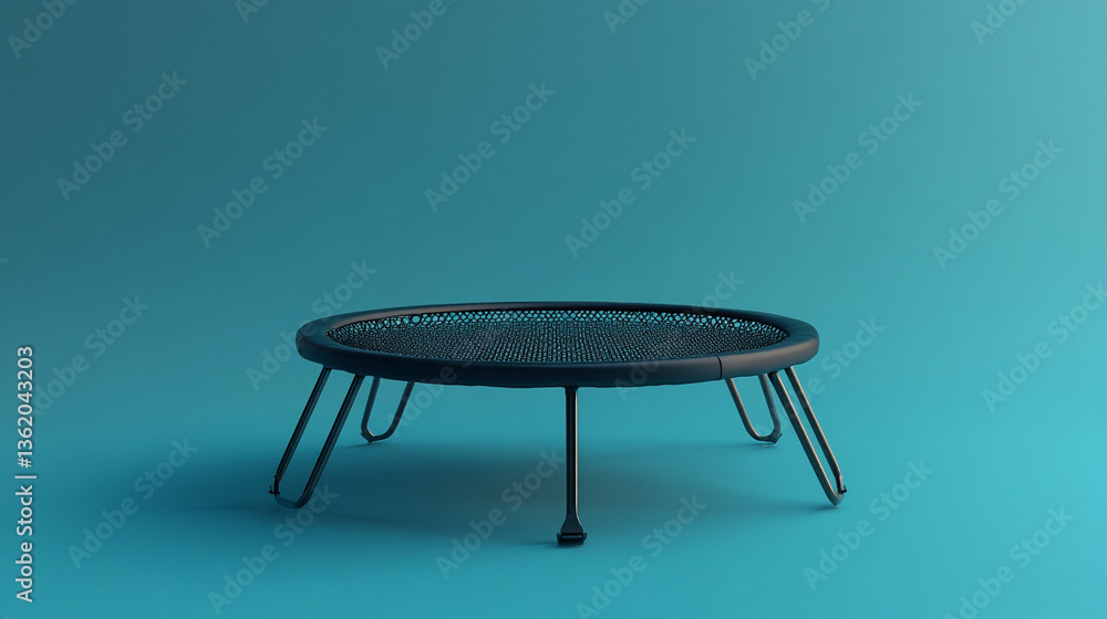 Poster a black metal mesh table with four legs on a teal background in a studio setting and soft lighting