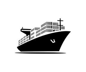 Obraz premium Cargo ship icon vector in black color with background. Ship carrying container.