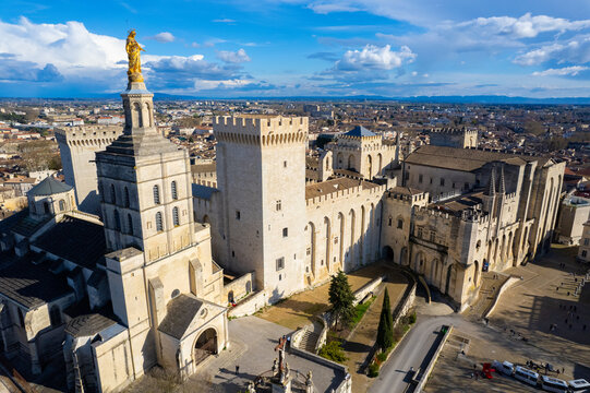 Aerial view of Avignon and the Palais des Papes during springtime