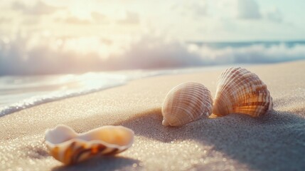 vacation and summer holidays concept - seashells on beach sand