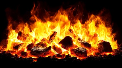 Fiery orange and yellow flames engulfing burning coals in a dark setting.