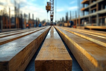 Close-up of Treated Lumber Beams at a Construction Site