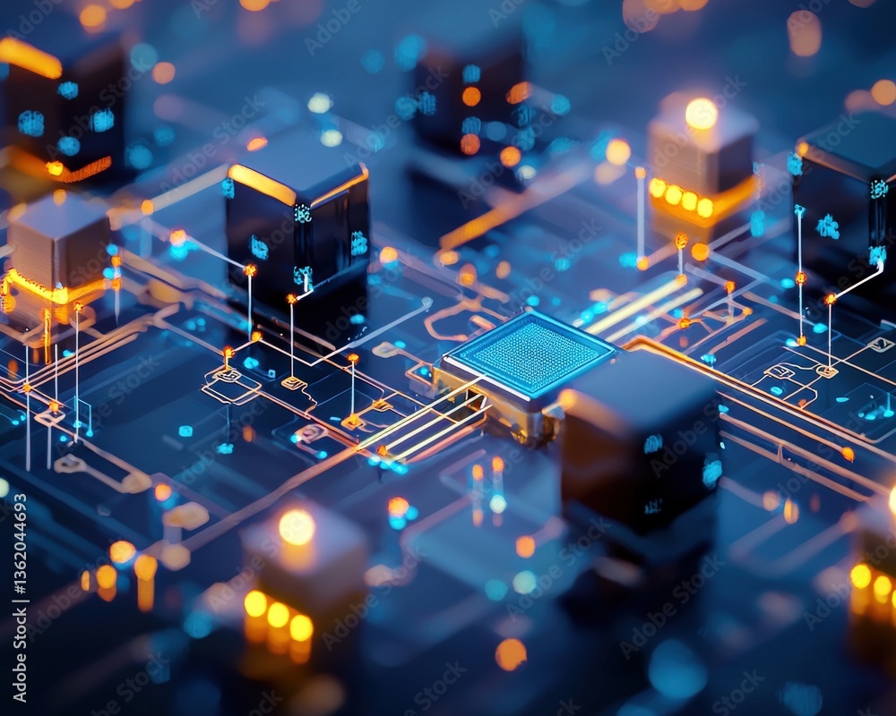 Poster close-up of an abstract technology circuit board featuring glowing elements and intricate wiring, re