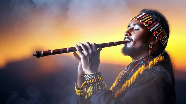 Melody of the Mountains: A close-up of a musician from a cultural background, absorbed in the act of playing a flute, as warm light bathes the scene, evoking the spirit of the high country.