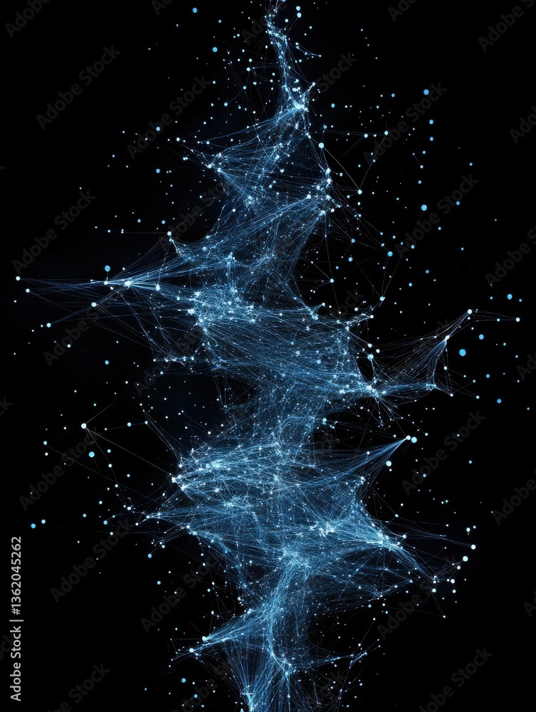 Poster a dark background with a blue abstract design of connected lines and dots, representing technologica