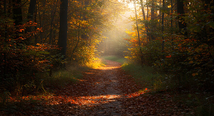 Fototapeta premium Autumnal Forest Path: Sunbeams Through Golden Leaves