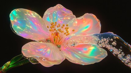 Chrome liquid Sakura cherry blossom flower. 3D render, modern design. Isolated holographic futuristic floral icon. Y2K, brutalism retro futurism concept.