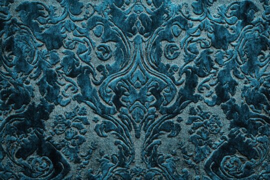 Fototapeta Luxurious teal velvet fabric texture with embossed floral ornamental damask pattern in high resolution