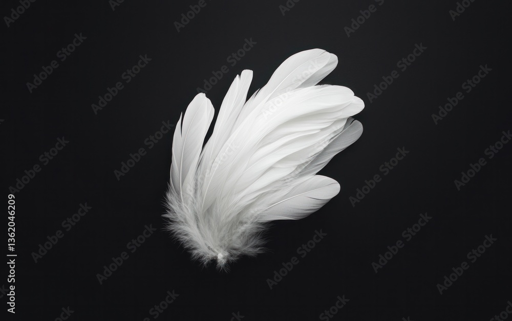 Poster close-up view of delicate white feathers arranged against a stark black background. soft lighting hi