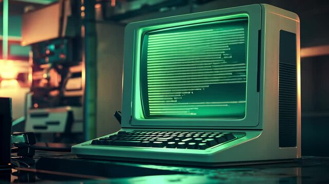 Old fashioned computer screen with code, illuminated by green light, creates a nostalgic tech ambiance	
