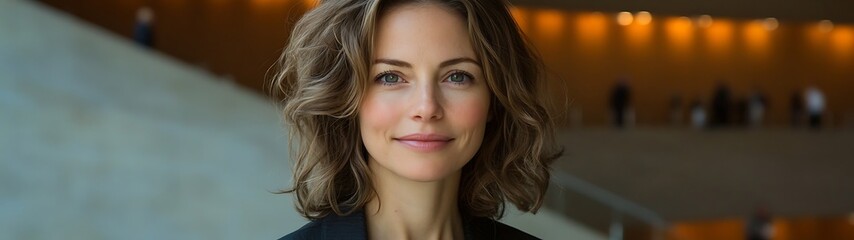 Obraz premium A portrait depicts a smiling woman with curly shoulderlength hair