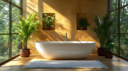 Fototapeta premium Bathtub in room with large windows and green plants