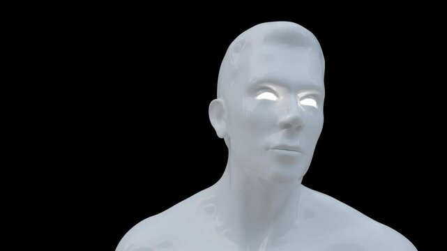 Transformation of a mannequin. White silhouette on black.