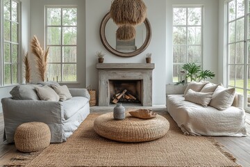 Bright and airy living room with white walls, vintage mirror, grey sofa, cream chairs, textured pendant chandelier, and natural decor.