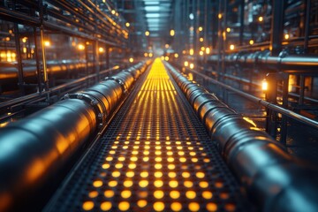 Industrial Pipeline Network with Illuminated Walkway Futuristic Energy and Technology Concept