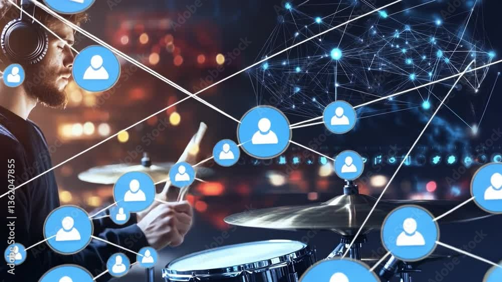 Poster digital rhythm: a dynamic drummer is performing, a visual representation of interconnectedness, the 
