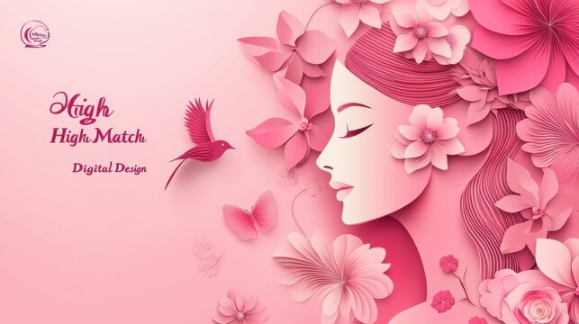 8th March International Women's Day Banner with Paper-Cut Style Background, Beautiful Woman's Face, Flowers, and Birds in Pink Pastel Colors, "High Match Digital Design" Text on Left illustration