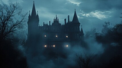 Obraz premium Eerie Gothic Victorian Mansion shrouded in fog with dark spires under a gloomy sky