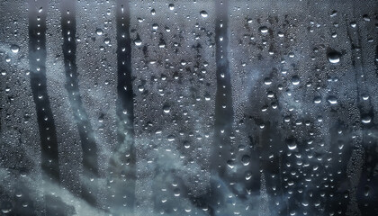 6月・梅雨　雨の降る暗い曇り空　雲の多い街の風景　雨粒の水滴がついた窓ガラス越しの背景　湿気で曇る表面　季節・湿度・天気