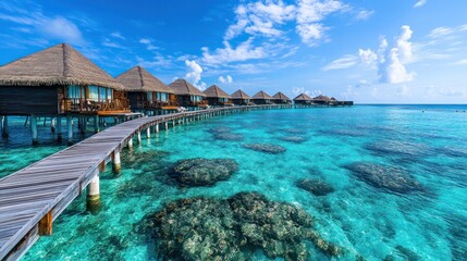 Fototapeta premium Exotic overwater bungalows in Maldives with crystal-clear turquoise waters scenery